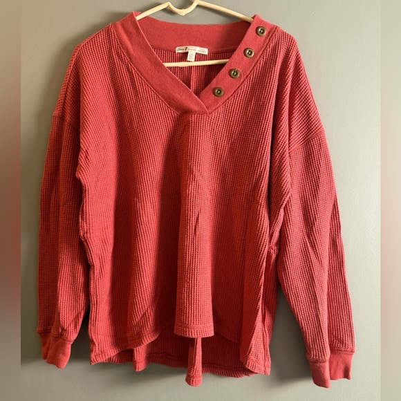 Seven7 Women's Sz L Long Sleeve Soft Waffle V-Neck Cotton Blend Rust/Salmon Top - Picture 1 of 5